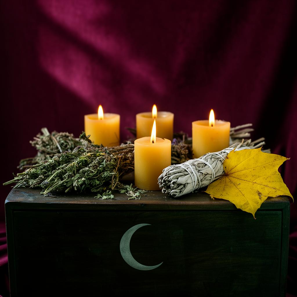 Altar com velas, ervas e folha de outono